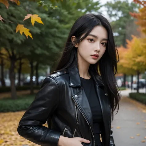 rl 20 years old, slim, average breast size, long black hair, hair is loose, brown eyes, looking straight ahead, wearing a black leather jacket, A solid-colored t-shirt, black cloth Park, lots of trees, fall, leaves falling