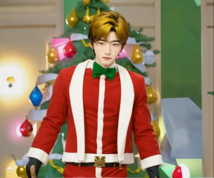 a close up of a korea boy in a santa suit standing in front of a christmas tree, wearing red and white, yellow hair, pointed nose, perfect jaw, realistic ultra details, high quality face