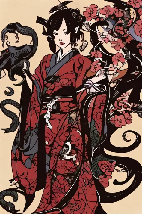 Kimono Woman and Monster，Chaos style and fish flags，Cthulhu