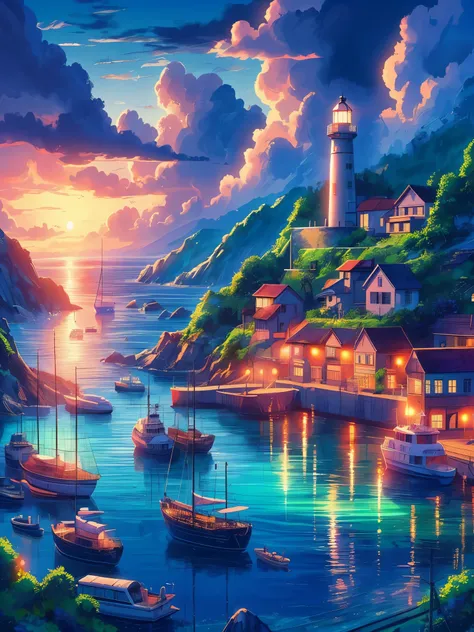 draw anime lofi scene of sea harbour with ships and yatch and lighthouse, evening time, ambient dim, vibrant saturated colors, g...