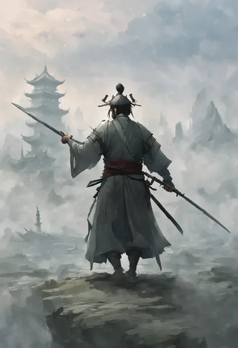 draw a man holding a sword，in the mist-shrouded landscape, inspired by somi, author：hero, author：shen zhou, concept art illustra...