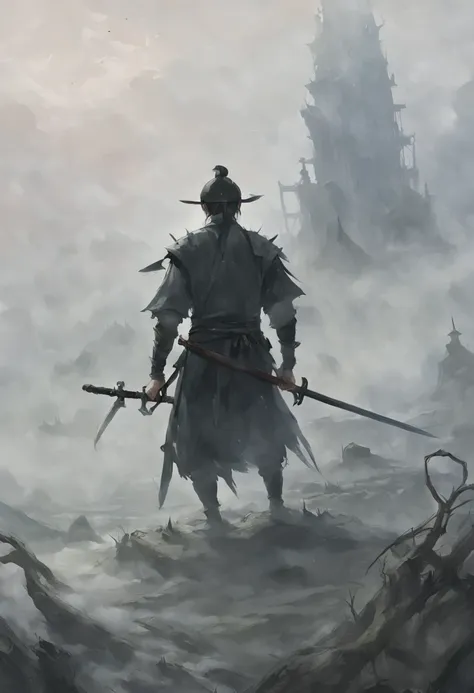 draw a man holding a sword，in the mist-shrouded landscape, inspired by somi, author：hero, author：shen zhou, concept art illustra...