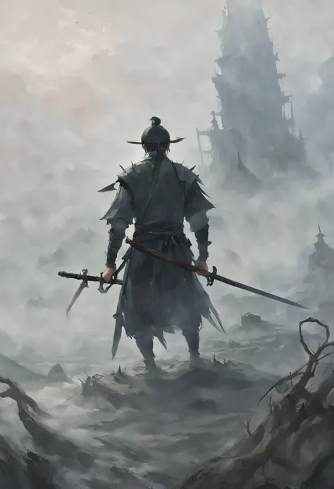 draw a man with a sword，in the mist-shrouded landscape, inspired by somi, author：heroes, author：shen zhou, concept art illustrat...