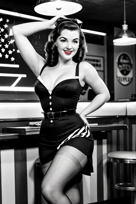 Impressive wartime pin-up girl images, Dressed in retro costumes, Pose gracefully in a nostalgic 1940s bar. Black and white images add a vintage feel to the scene, Capture the essence of the eras iconic pin-up art and vintage aesthetics.