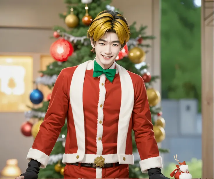 a close up of a Japanese boy in a santa suit standing in front of a christmas tree, wearing red and white, yellow hair and blue eyes ,pointed nose,  perfect smile, realistic ultra details, high quality face