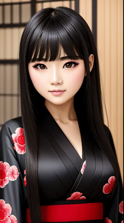 ((Best Quality)), ((masutepiece)), (Detailed), (highlight), Perfect face　Young girl with detailed face showing cleavage、Red eyes and long, thick, glossy, beautiful black hair with blunt bangs、Single-color background、standing wearing a patterned kimono、