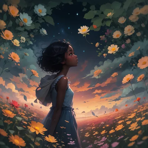 There is a black girl (dark skin) standing in a flower field looking up at the sky, a girl standing in a flower field, a girl walking in a flower field, lost in a dreamy wonderland, standing in a flower field, fantastic digital painting, the sky gradually ...