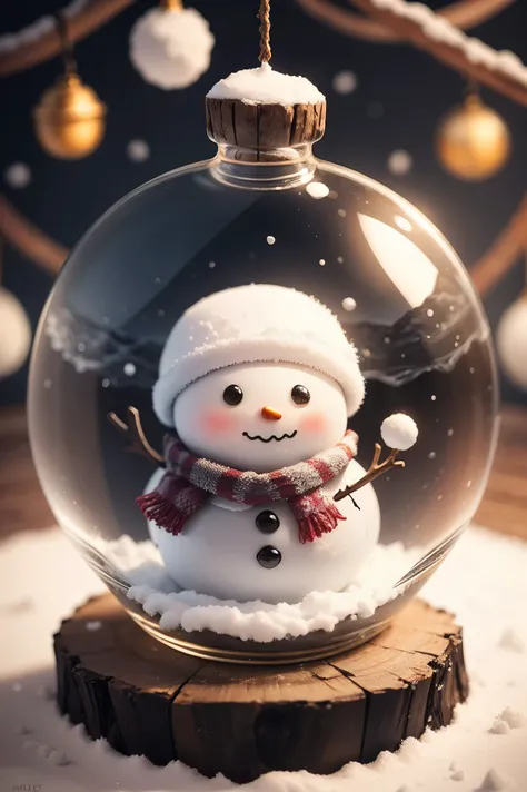 A cute miniature snowman in front of a miniature snow-covered mountain village in a glass bell on a wooden table.