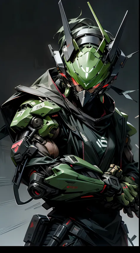 A cyberpunk ninja, green mecha suit, deadly looking ninja, Evil