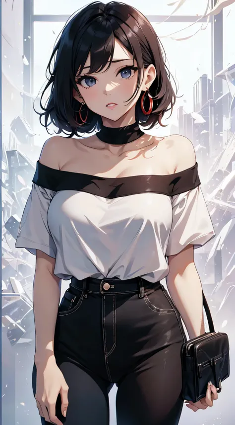 top-quality、Top image quality、​masterpiece、Teenage girl((White shirt、Long black trousers、18year old、 Ager、Best Bust、big bast,Black eyes, Black hair、A slender,Large valleys、red lipstick makeup on eyelids、Cute earrings、銀の腕時計、sexypose、Bring your chest togethe...