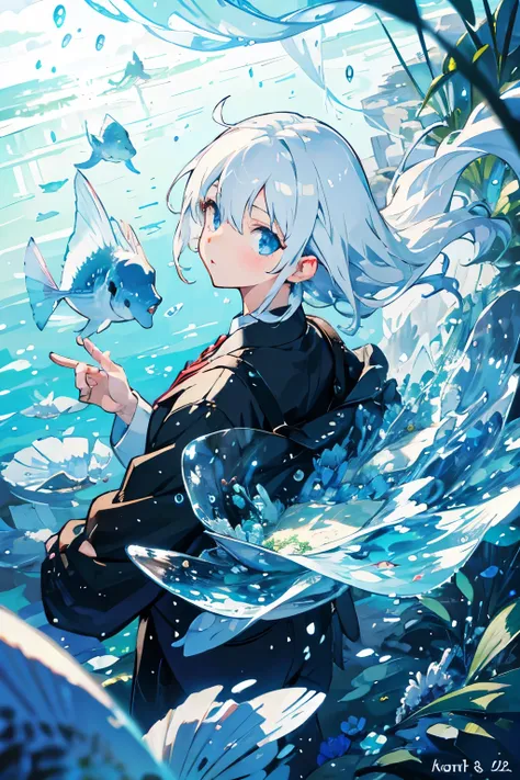 (masutepiece), (Best Quality), Highly detailed, 1 boy, Solo Focus, Perfect face, extra detailed face，white  hair，Blue eyes，Floating hair，under the water，ocean floor，Lots of Fish，foam，Jellyfish，sea weed