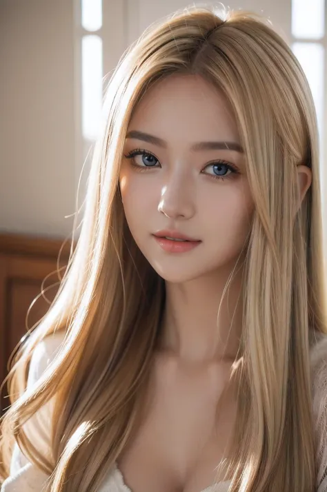 A cute, radiant and blissful woman, her long, flowing blonde hair cascades beautifully, complementing her mesmerizing grey eyes and glossy lips. With an expression of pure joy and contentment, she radiates warmth as she gazes into the camera. The sun illum...