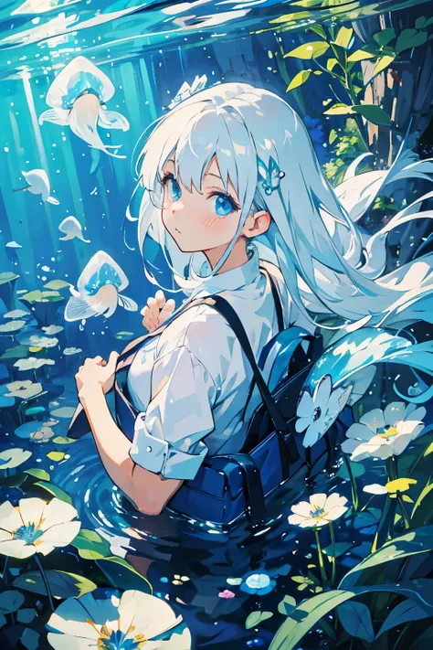 (masutepiece), (Best Quality), Highly detailed, 1 girl, Solo Focus, Perfect face, extra detailed face，white  hair，Blue eyes，Floating hair，under the water，ocean floor，Lots of Fish，foam，Jellyfish，sea weed