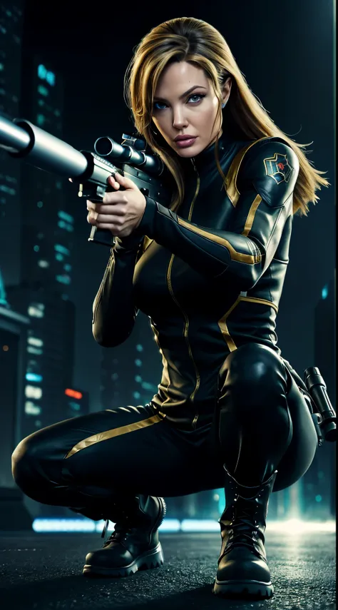 World of Cyberpunk,metroid style,Middle-aged woman,(Wearing Samus Aran&#39;s server suit:1.4),(Wearing combat boots:1.4),(Black background:1.4),(Positive 1.4),((Shoot head-on:1.4)),(Squatting:1.3),(((aim at something with a sniper rifle:1.4))),(((Close one...