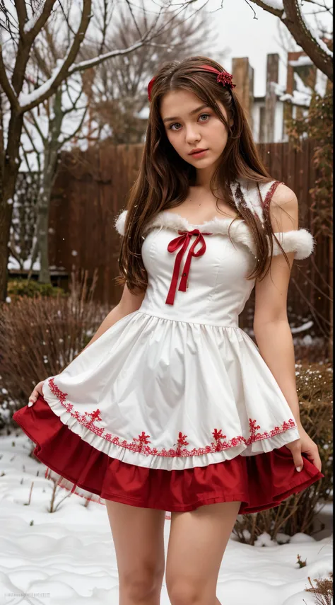 Christmas girl, 15 years old girl, brown fluffy hair Emo Pin up Girl, red christmas dress, Striking a pose, natural make up, skinny innocent, in a snowy garden, heavenly, midshot, centered image, good girl, innocent girl, skinny girl, young girl