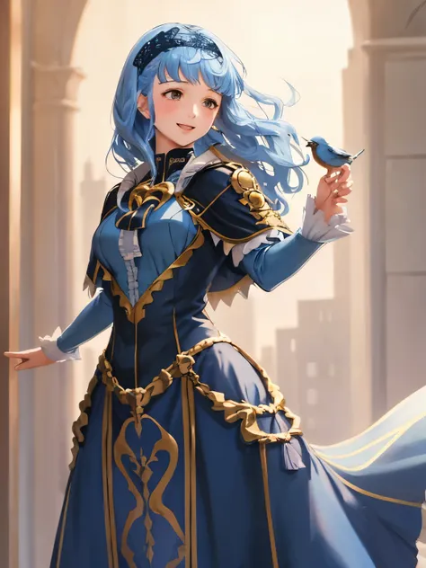 masterpiece, best quality, marianne_hopes, long hair, blue dress, capelet, hairband, standing, smiling, holding a blue sparrow on her finger, bird