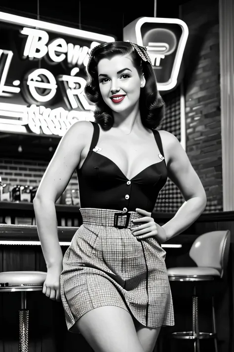 Impressive wartime pin-up girl images, Dressed in retro costumes, Pose gracefully in a nostalgic 1940s bar. Black and white images add a vintage feel to the scene, Capturing the essence of iconic pin-up art and vintage aesthetics of the time.