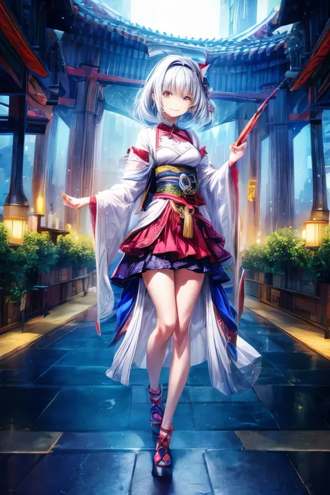 （Best quality，8K，32K，tmasterpiece，hyper HD：1.2），Photo of Pretty Japanese woman in the，（Sad smile，The face is red：1.1），looking at viewert，（Beautiful details on the skirt：1.2），Detailed legs：0.9），（Lace：0.powers：1.6），Full body lesbian，ventania，城市，allure