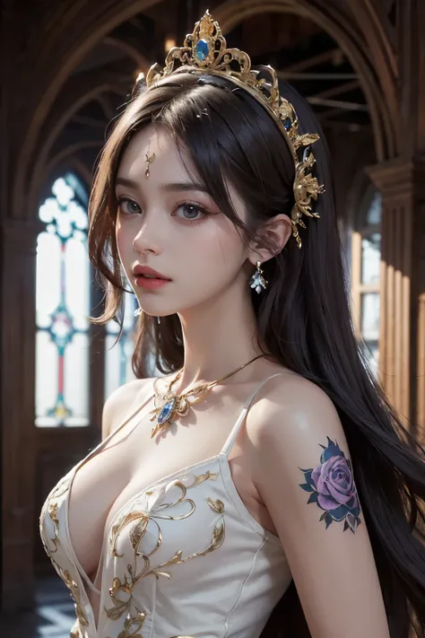 ((best quality)), ((masterpiece)), (detailed), perfect face, The image showcases a figure with an ethereal and regal aura. The character  has tattoos is depicted with purple-toned skin and long, flowing hair in a similar hue, emphasizing a fantastical them...