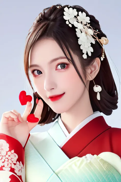 (8K, Raw foto, Best Quality, high resolucion:1.2), (realisitic, photo-realisitic:1.5),  1Girl, Solo , pale-skin,   beautifull face,  Cute, very detail eyes, Cherry heart-shaped lips, upper half body,  in kimono,