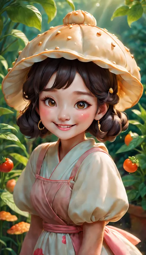 (a cute personified dumpling),(garden themed),(illustration or digital art),(vibrant colors),(soft and warm lighting),(best quality,high resolution),(detailed textureriendly facial expression),(glossy skin),(delicate folds and pleats),(added vegetable elem...