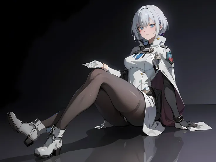 1 Girl, Mature, Solo , Big Chest, Blue Eyes, , Hair accessories, White Bob Hair, Silver Hair, Bang, hair between eyes, military uniform, black dress, cape, white gloves, pantyhose, high heel boots , Aircraft Carrier, Battlefield, ((Best quality)), ((master...