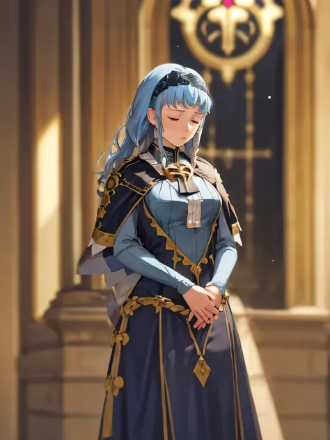 masterpiece, best quality, marianne_hopes, long hair, blue dress, capelet, hairband, cathedral, dark, stained glass, standing, closed eyes, praying, holding hands in prayer