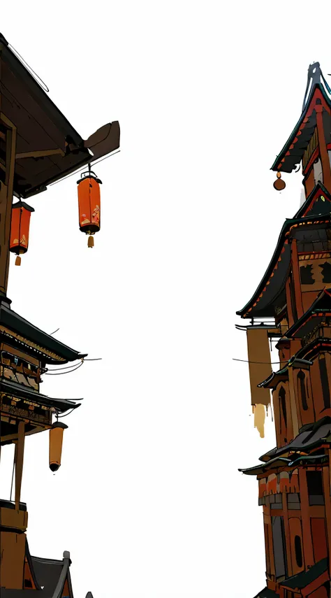 8K，high high quality！！Detail Enhancement！！Highest image quality！！Chinese style architecture，red colour，black roof eaves，Mahogany architecture，Antique architecture，pagoda，kiosk，happy lantern，golden plaque。Chinese city，Fantasy City，ancient wind, Interesting，...