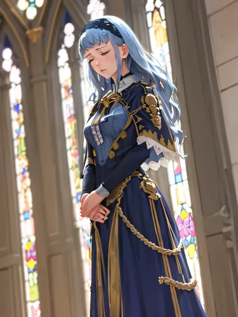 masterpiece, best quality, marianne_hopes, long hair, blue dress, capelet, hairband, cathedral, dark, stained glass, standing, closed eyes, praying, hands held together