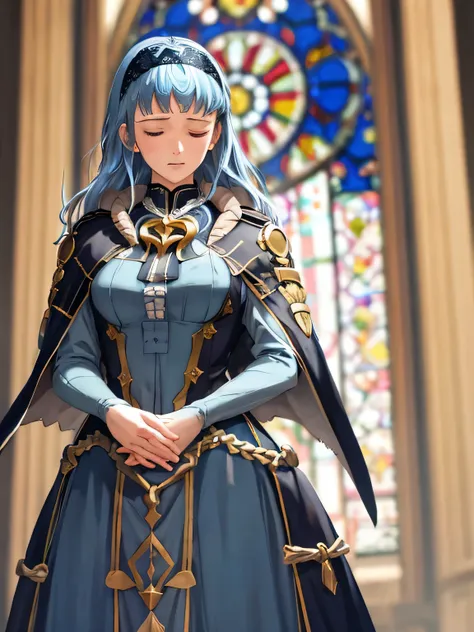 masterpiece, best quality, marianne_hopes, long hair, blue dress, capelet, hairband, cathedral, dark, stained glass, standing, closed eyes, praying, hands held together