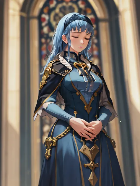 masterpiece, best quality, marianne_hopes, long hair, blue dress, capelet, hairband, cathedral, dark, stained glass, standing, closed eyes, praying, hands held together