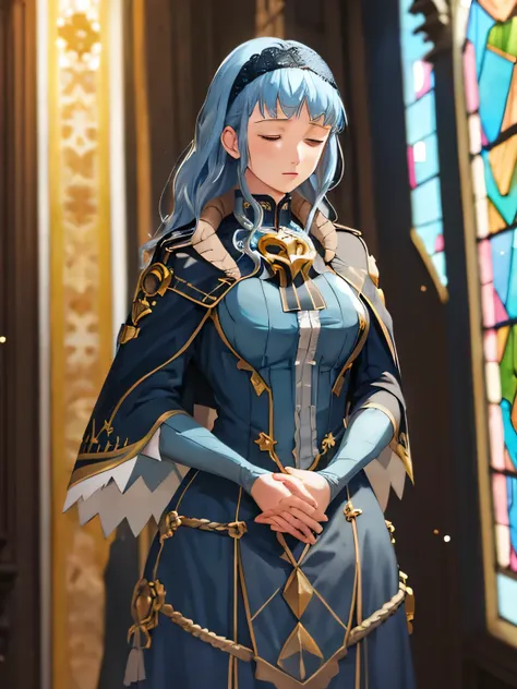 masterpiece, best quality, marianne_hopes, long hair, blue dress, capelet, hairband, cathedral, dark, stained glass, standing, closed eyes, praying, hands held together