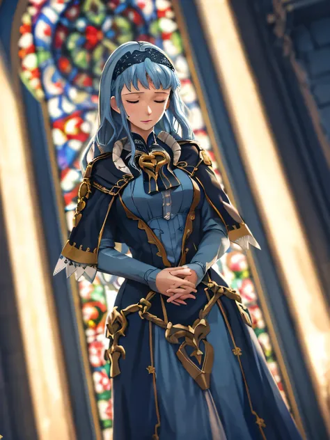 masterpiece, best quality, marianne_hopes, long hair, blue dress, capelet, hairband, cathedral, dark, stained glass, standing, closed eyes, praying, hands held together