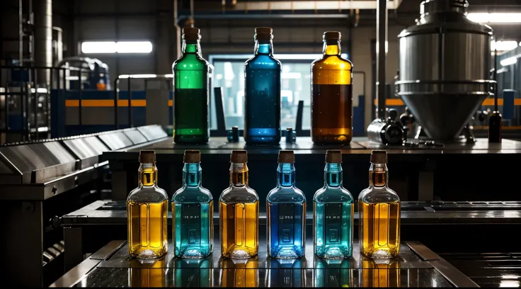 glass bottles of Gin on a conveyor belt in a factory with a blurry and orange light background, bottles, glass bottle of Gin, transparent background, robots drinking alcohol, beer bottles, bottle, glass vials, droplets flow down the bottle, interesting bac...