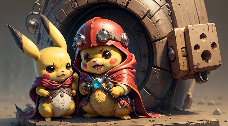 Start with a basic sketch of Pikachu, Holding a Quake in one hand，Wearing a red cloak with gold trim. Add some Thor featureamples include helmets with wings and boots with metal details，Add a more realistic touch to your character. Give Pikachu a furry tou...