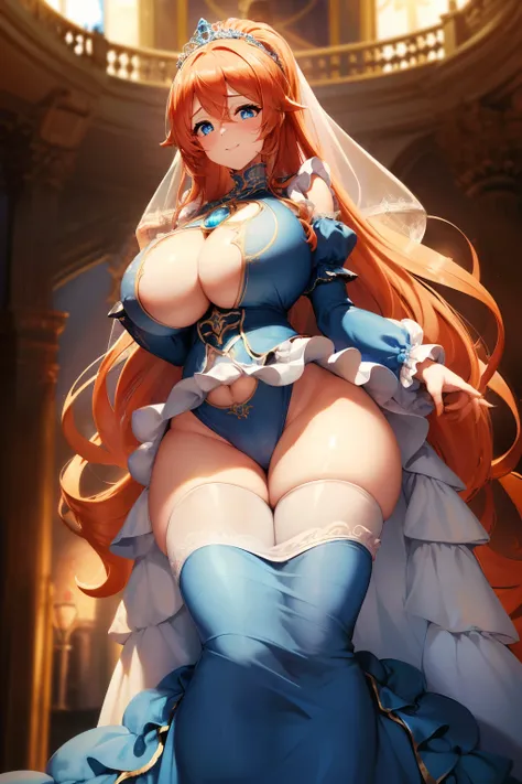 1woman, ((princess dress)), standing in medieval castle, ((blue long puffy rococo dress, full length hoop skirt, princess tiara, many ruffles, frilly)), (hair in ponytail, long wavy orange hair), (Blue eyes), sharp outline, a matural female, 30 year old, {...