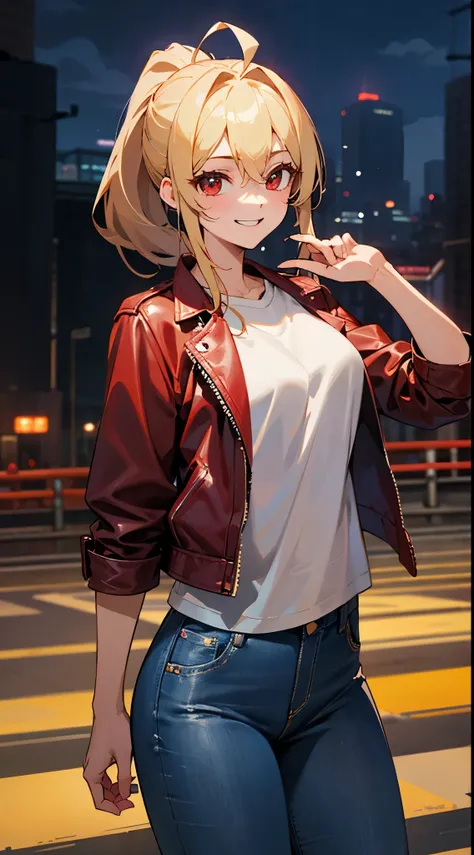 a 18 year old girl、Blonde ponytail、Ahoge、big round red eyes、A slight smil、Laugh、red leather rider jacket、white t-shirts、Long jeans pants、Meet in the city at night、cowboy  shot