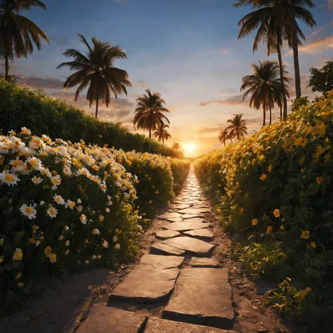 Octano, heaven, Paisagem, 1girl "Alexandra Daddario", perto de FLORES brancas,e o sol brilhava intensamente,The light from the back window is backlighted, Existe um caminho no meio do mar de flores,there is space between,There is a path in the center of th...