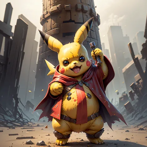 Start with a basic sketch of Pikachu, Holding a Quake in one hand，Wearing a red cloak with gold trim.

Add some Thor features，por exemplo带有翅膀的头盔和带有金属细节的靴子，Add a more realistic touch to your character.

Give Pikachu a furry touch, Expand the size of his hea...