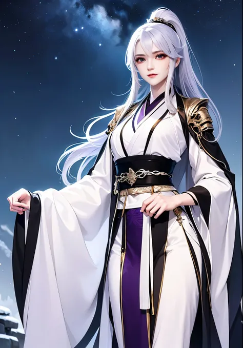 best image quality，purple long sleeve hanfu，a woman with white hair，wear long white gloves，walk in the forest，nevando，the night，...