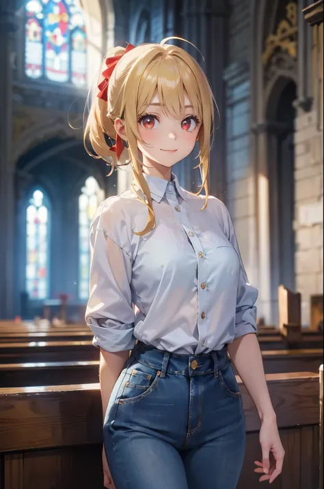 Blonde ponytail、Ahoge、big round red eyes、A slight smil、meet in front of the church、Illustration of a beautiful girl wearing a white shirt and jeans