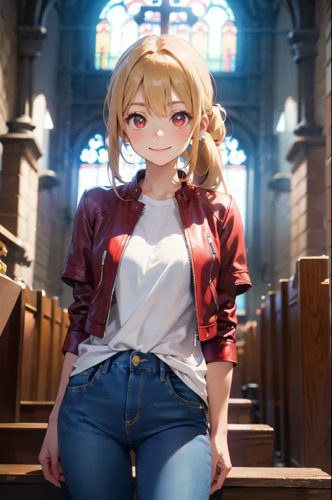 Blonde ponytail、Ahoge、big round red eyes、A slight smil、Laugh、I love you、gather in front of the church、red leather rider jacket、white t-shirts、Illustration of a beautiful girl wearing long jeans pants