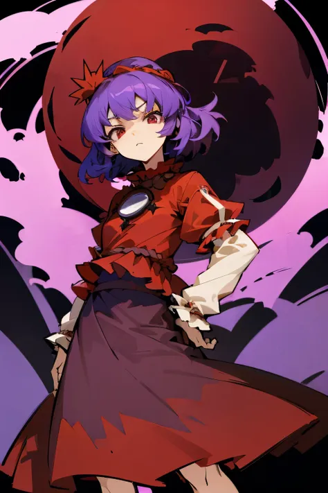 yasaka kanako、purple color  hair、deadpan、red clothing、skirt by the