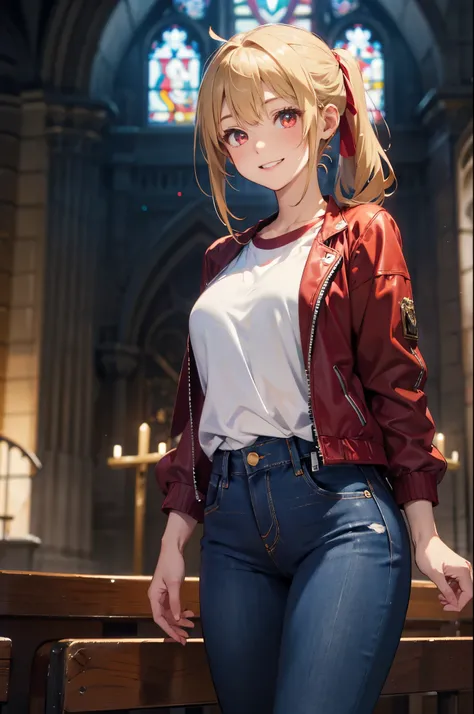 Blonde ponytail、Ahoge、big round red eyes、A slight smil、Laugh、I love you、gather in front of the church、Red Riders Jacket、white t-shirts、Illustration of a beautiful girl wearing long jeans pants