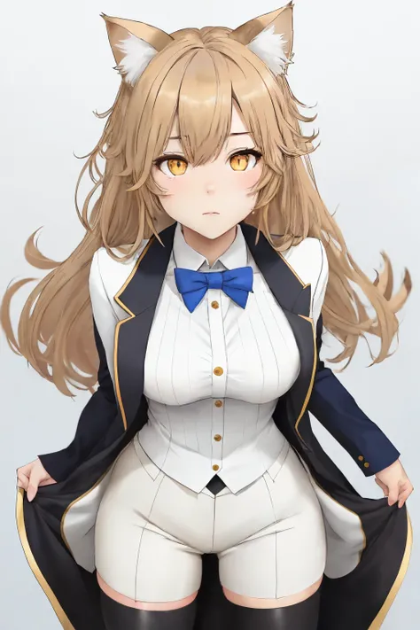 neko girl, cat ears, tomboyish, muscular, busty, yellow pupils, flaxen hair, locks covering sides of her face, wearing a blue + white striped tuxedo and tight white pants