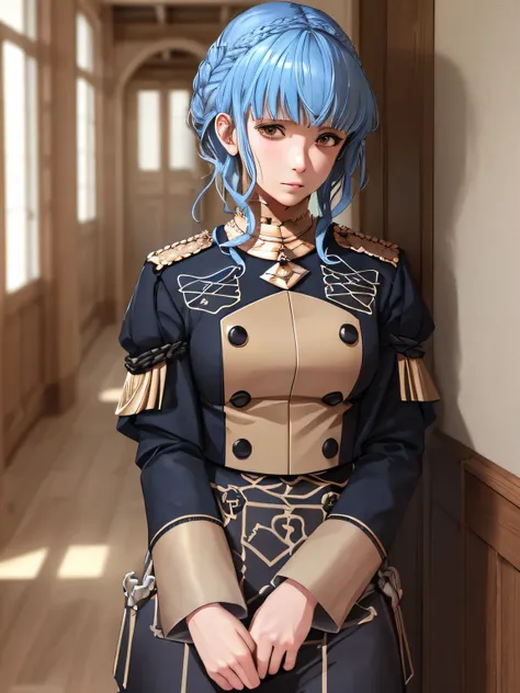 masterpiece, best quality, marianne_academy, uniform, black skirt, garreg mach monastery uniform, blue pantyhose, upper body, tired look, hallway, old wooden building, looking at viewer