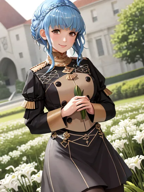 masterpiece, best quality, marianne_academy, uniform, black skirt, garreg mach monastery uniform, blue pantyhose, upper body, looking at viewer, smiling, holding a white lily of the valley flower