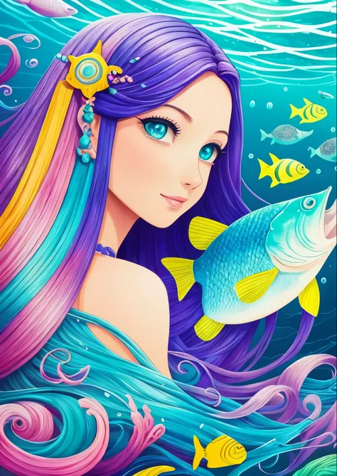 Painting of woman with long hair and fish face, 在ocean floor, detailed dreamscape, Lovely detailed artwork, Colorful doodle art, super detailed color art, Colorful illustration, under the ocean, Colorfull illustration, ocean floor, Colorful drawing, Colorf...