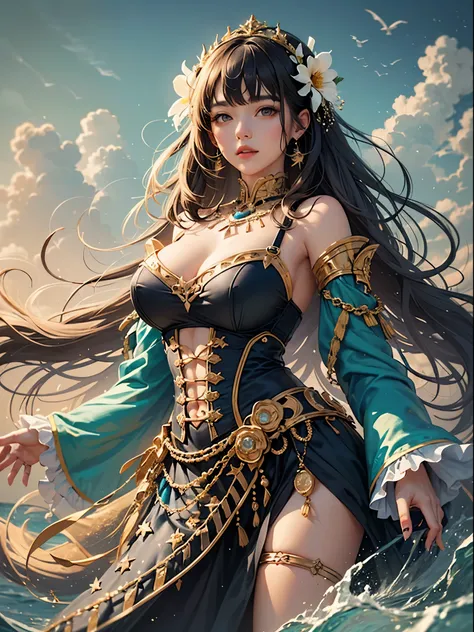 art, Unity 8k壁纸, Ultra-detailed, Beautiful and aesthetically pleasing, (s fractal art: 1.3),  flower, girls, (Hairstyles: Long hair) Ocean, Extremely detailed, Cowboy shot, The most beautiful, Seafoam, Buble, cute big breasts, ultra quality, random backgro...