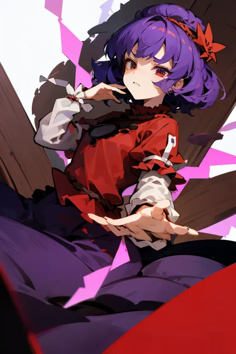 yasaka kanako、purple color  hair、deadpan、red clothing、skirt by the